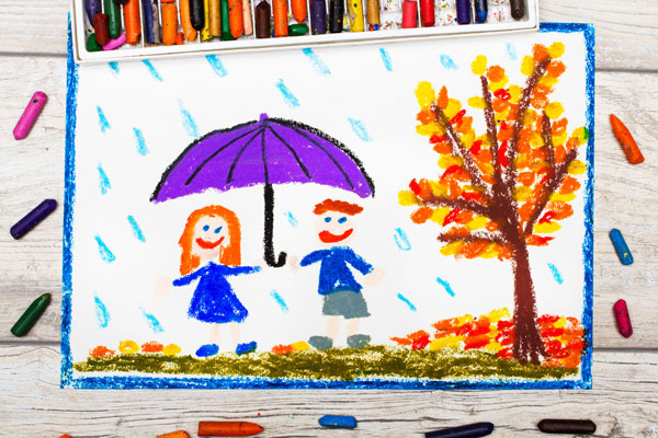 Photo of colorful drawing: Autumn rain, Smiling couple holding umbrella.